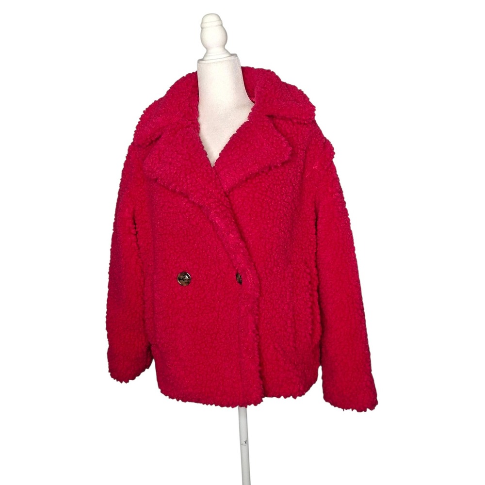 UGG Gertrude Short Teddy Faux Shearling Coat Jacket PINK Cerise Size XS